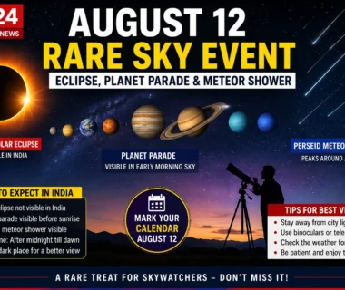 August 12 Rare Sky Event showing a planet parade, Perseid meteor shower, and partial solar eclipse in a dramatic night sky.