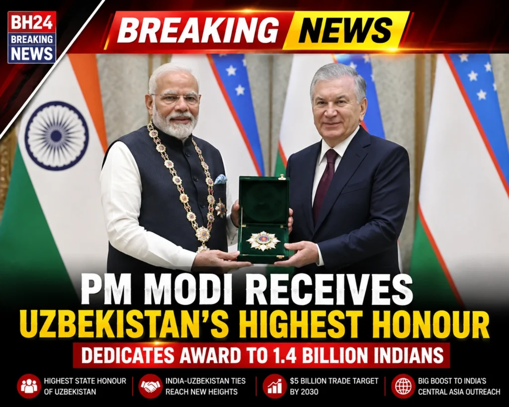 PM Modi receives Uzbekistan’s highest state honour from President Shavkat Mirziyoyev during a ceremony in Tashkent.