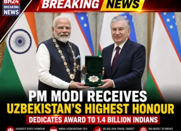 PM Modi receives Uzbekistan’s highest state honour from President Shavkat Mirziyoyev during a ceremony in Tashkent.