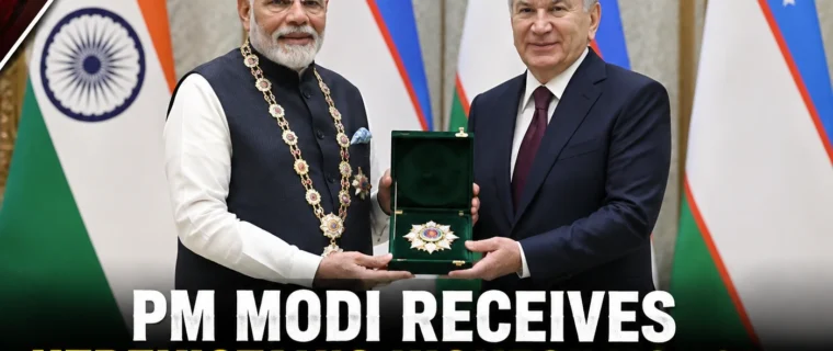 PM Modi receives Uzbekistan’s highest state honour from President Shavkat Mirziyoyev during a ceremony in Tashkent.