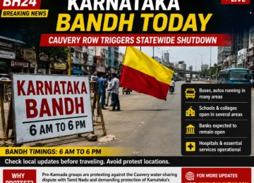 Karnataka Bandh Today over Cauvery water dispute, with protest signs and Karnataka flag on a city road.