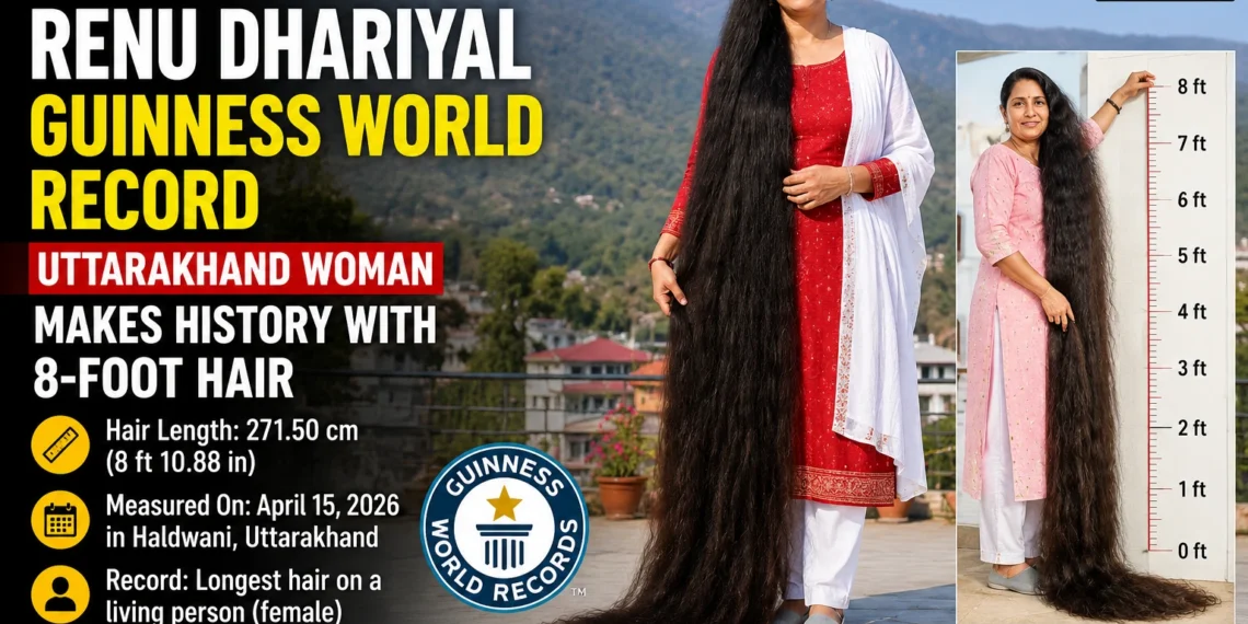 Renu Dhariyal Guinness World Record holder with 8-foot-10.88-inch-long hair in Haldwani, Uttarakhand.
