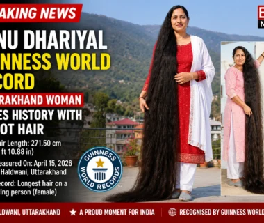 Renu Dhariyal Guinness World Record holder with 8-foot-10.88-inch-long hair in Haldwani, Uttarakhand.