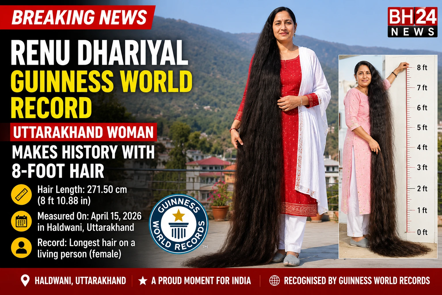 Renu Dhariyal Guinness World Record holder with 8-foot-10.88-inch-long hair in Haldwani, Uttarakhand.