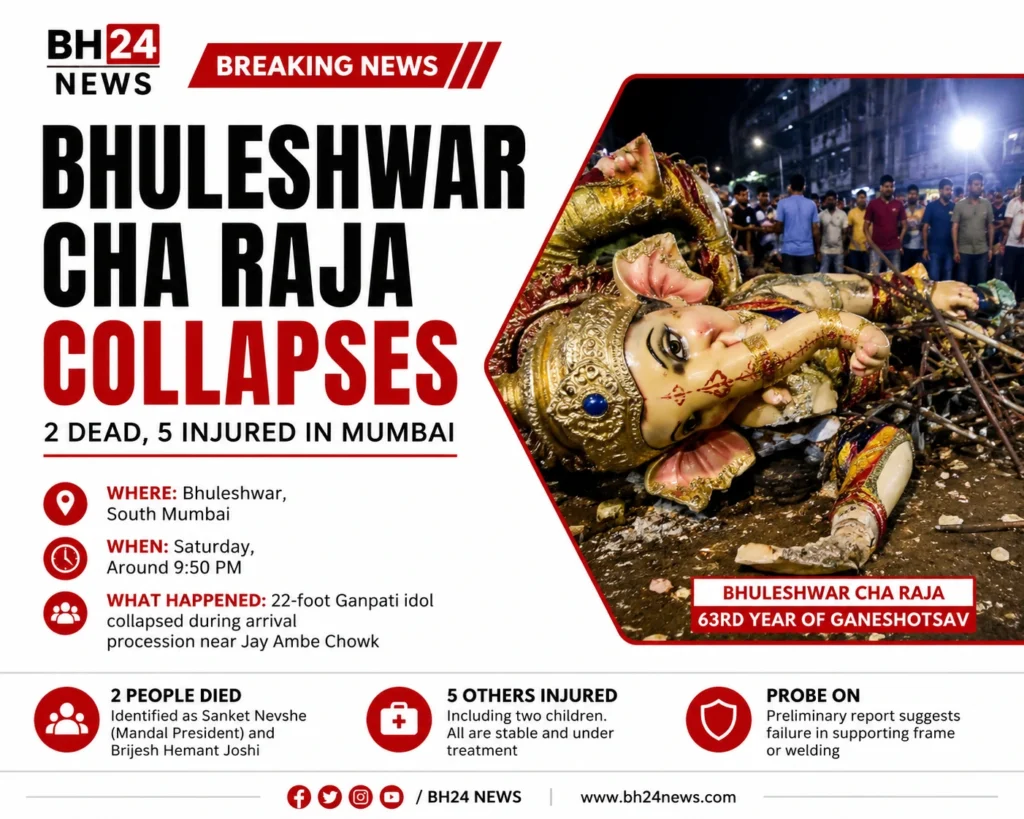 Bhuleshwar Cha Raja Ganpati idol collapses during Mumbai arrival procession, killing two and injuring five.