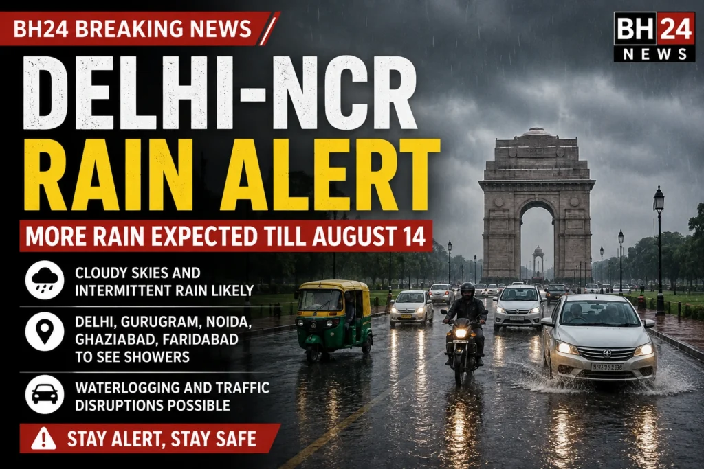 Delhi-NCR Rain Alert as cloudy skies and intermittent rainfall are expected across Delhi and nearby areas till August 14.