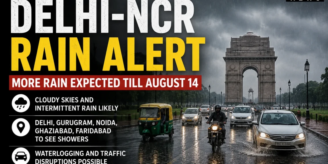 Delhi-NCR Rain Alert as cloudy skies and intermittent rainfall are expected across Delhi and nearby areas till August 14.