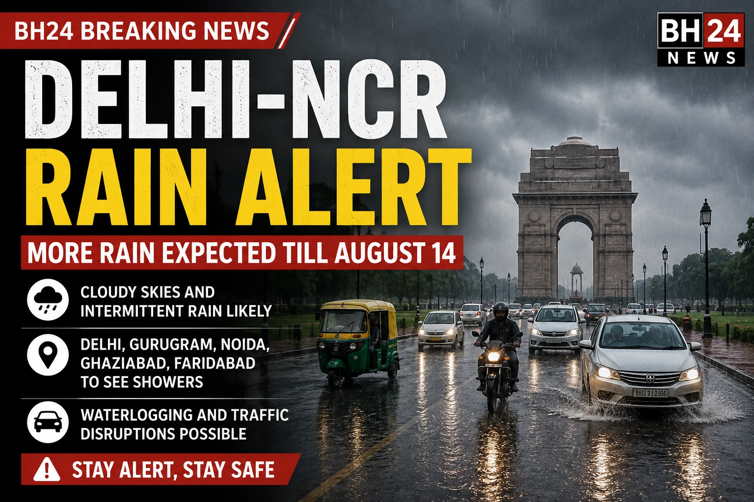 Delhi-NCR Rain Alert as cloudy skies and intermittent rainfall are expected across Delhi and nearby areas till August 14.