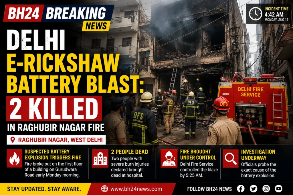 Firefighters respond after a suspected e-rickshaw battery blast caused a fire in Raghubir Nagar, Delhi