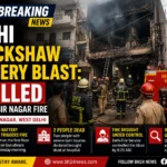 Firefighters respond after a suspected e-rickshaw battery blast caused a fire in Raghubir Nagar, Delhi