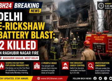 Firefighters respond after a suspected e-rickshaw battery blast caused a fire in Raghubir Nagar, Delhi