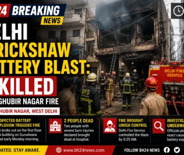 Firefighters respond after a suspected e-rickshaw battery blast caused a fire in Raghubir Nagar, Delhi