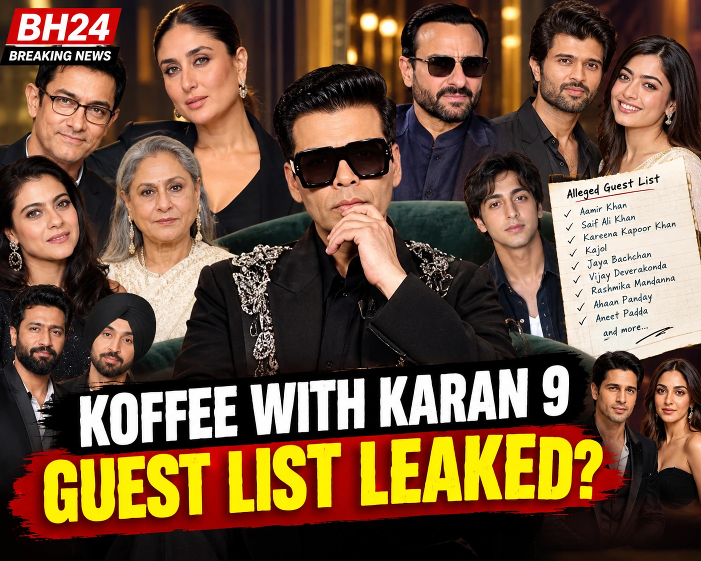 Koffee With Karan Season 9 alleged guest list featuring Karan Johar, Aamir Khan, Kareena Kapoor, Rashmika Mandanna, Vijay Deverakonda and other Bollywood stars.