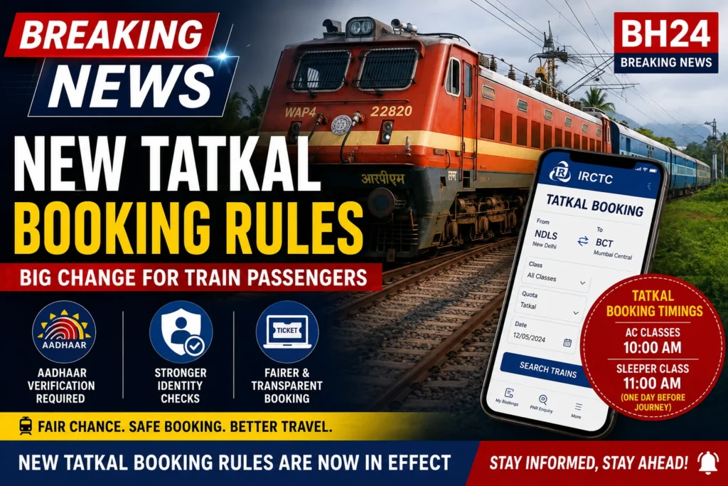Indian Railways' new Tatkal booking rules highlighted with a train, IRCTC booking screen, Aadhaar verification, and updated booking timings for AC and Sleeper classes.