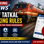 Indian Railways' new Tatkal booking rules highlighted with a train, IRCTC booking screen, Aadhaar verification, and updated booking timings for AC and Sleeper classes.