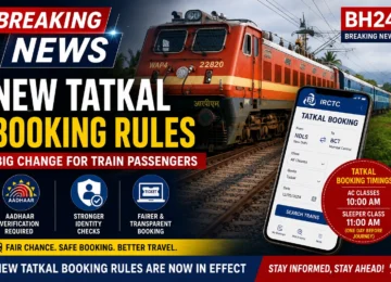 Indian Railways' new Tatkal booking rules highlighted with a train, IRCTC booking screen, Aadhaar verification, and updated booking timings for AC and Sleeper classes.