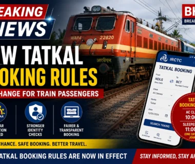 Indian Railways' new Tatkal booking rules highlighted with a train, IRCTC booking screen, Aadhaar verification, and updated booking timings for AC and Sleeper classes.