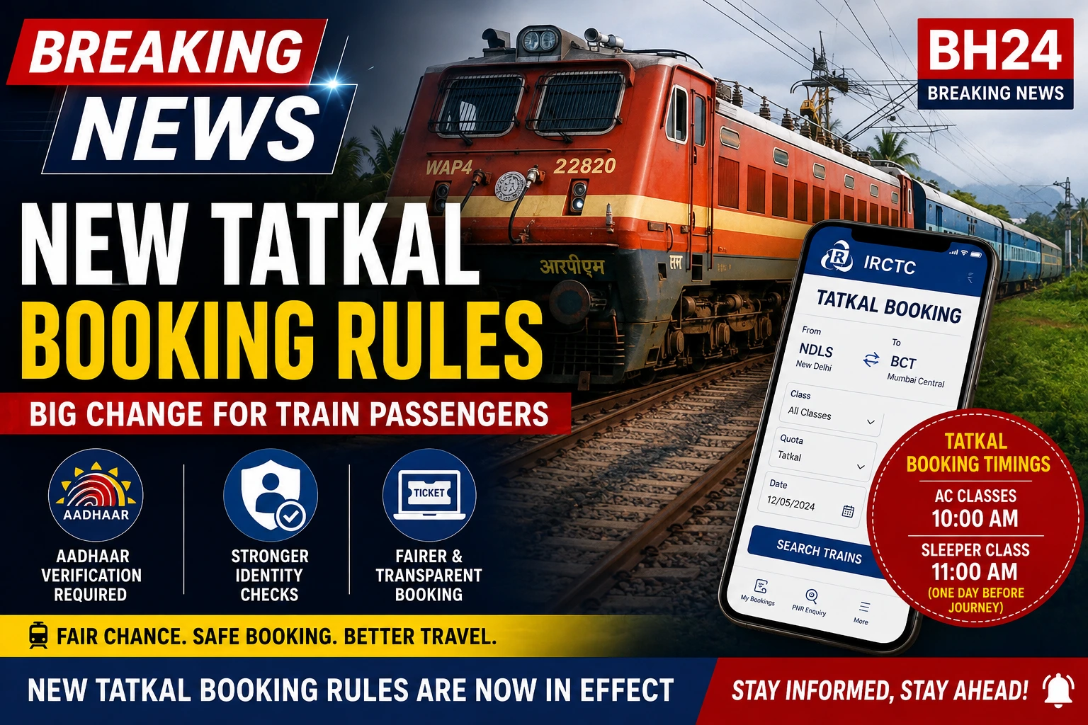 Indian Railways' new Tatkal booking rules highlighted with a train, IRCTC booking screen, Aadhaar verification, and updated booking timings for AC and Sleeper classes.