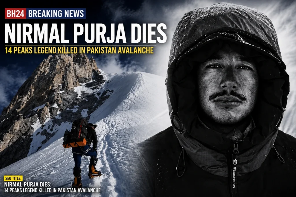 Nirmal Purja mountaineering portrait with Broad Peak avalanche breaking news background.