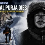 Nirmal Purja mountaineering portrait with Broad Peak avalanche breaking news background.
