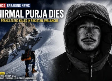 Nirmal Purja mountaineering portrait with Broad Peak avalanche breaking news background.