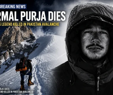 Nirmal Purja mountaineering portrait with Broad Peak avalanche breaking news background.
