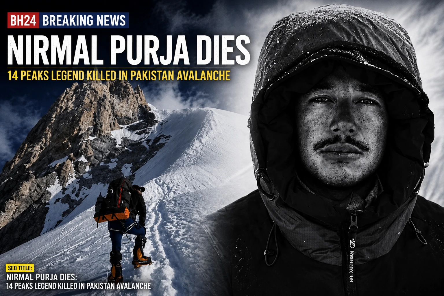 Nirmal Purja mountaineering portrait with Broad Peak avalanche breaking news background.