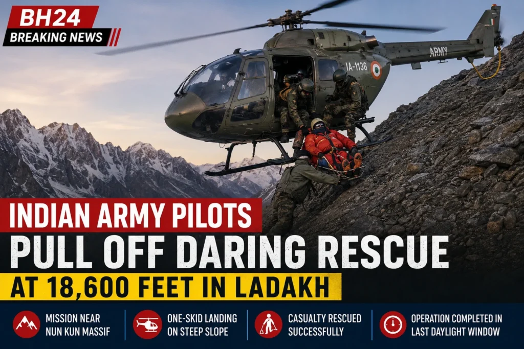 Indian Army pilots carry out a daring one-skid helicopter rescue at 18,600 feet in Ladakh near the Nun Kun massif.