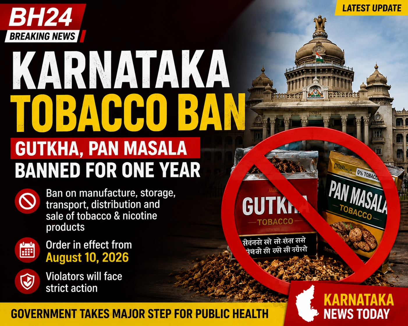 Karnataka Tobacco Ban: State imposes a one-year ban on gutkha and pan masala containing tobacco or nicotine.