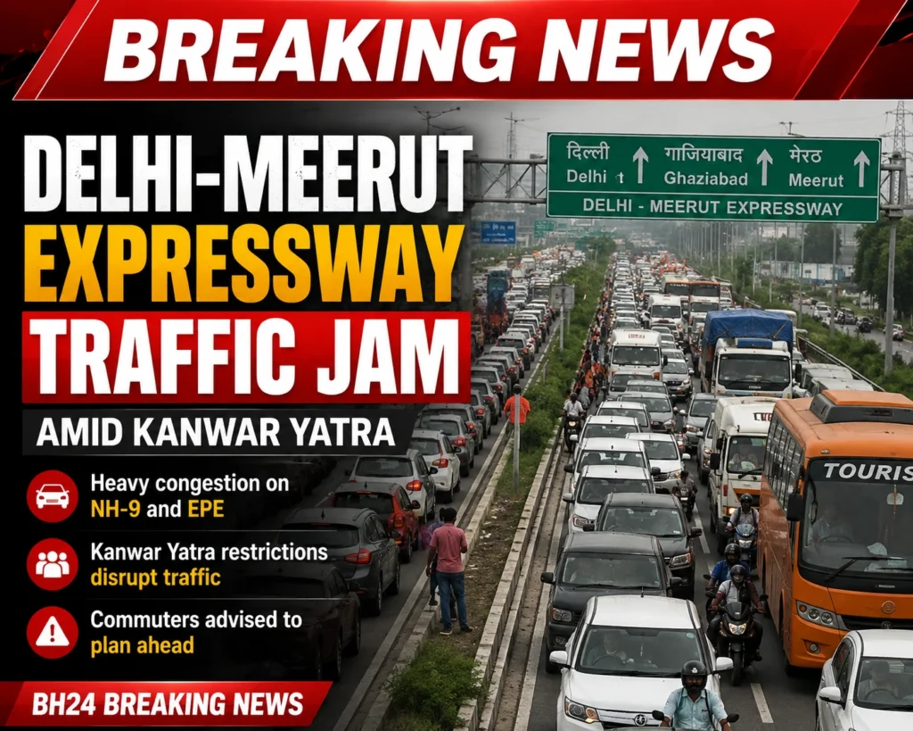 Delhi-Meerut Expressway traffic jam amid Kanwar Yatra restrictions in Ghaziabad, with heavy congestion on NH-9 and EPE.