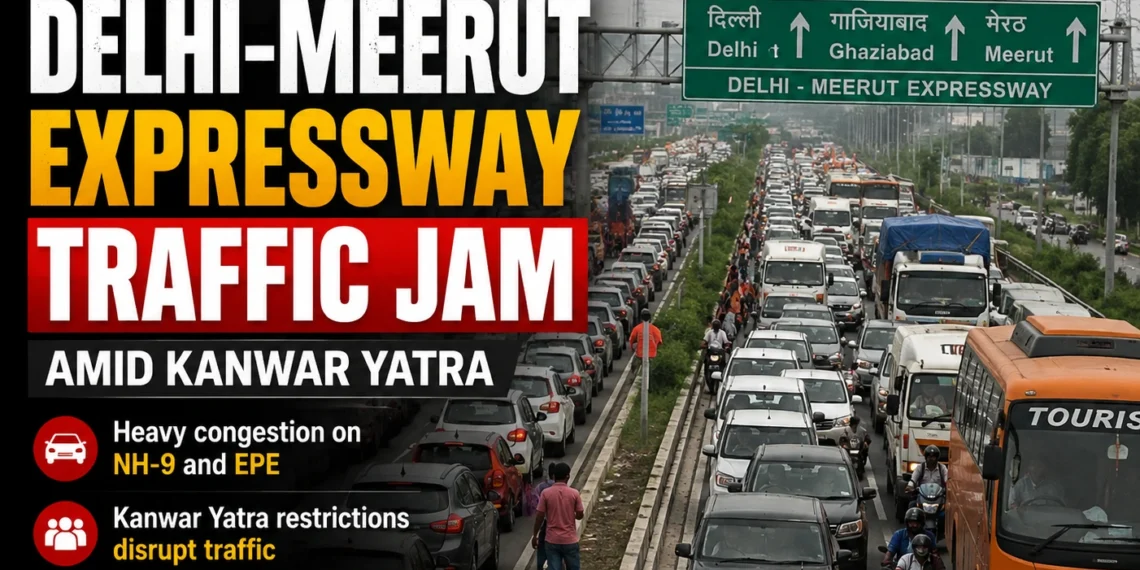 Delhi-Meerut Expressway traffic jam amid Kanwar Yatra restrictions in Ghaziabad, with heavy congestion on NH-9 and EPE.