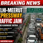 Delhi-Meerut Expressway traffic jam amid Kanwar Yatra restrictions in Ghaziabad, with heavy congestion on NH-9 and EPE.