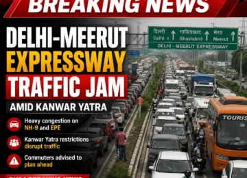 Delhi-Meerut Expressway traffic jam amid Kanwar Yatra restrictions in Ghaziabad, with heavy congestion on NH-9 and EPE.