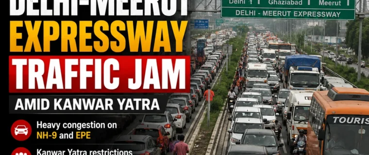 Delhi-Meerut Expressway traffic jam amid Kanwar Yatra restrictions in Ghaziabad, with heavy congestion on NH-9 and EPE.