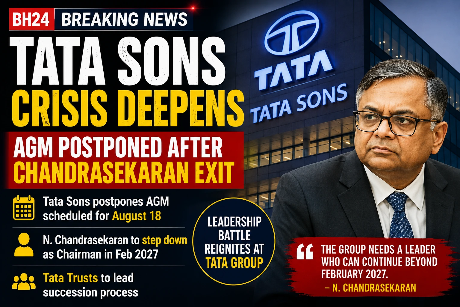 Tata Sons crisis deepens as N Chandrasekaran prepares to step down and AGM is postponed.