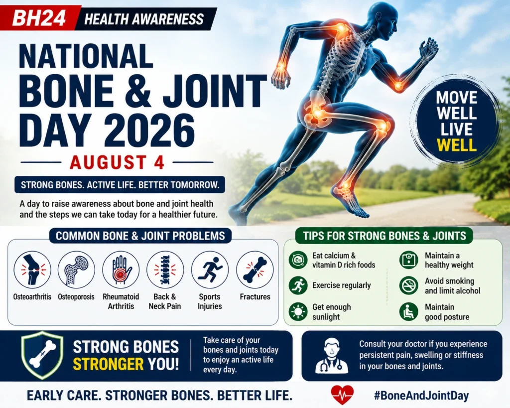 National Bone and Joint Day 2026 awareness graphic highlighting the importance of healthy bones and joints, common bone disorders, and expert tips for maintaining bone health through exercise, calcium, vitamin D, and a healthy lifestyle.