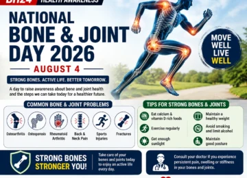 National Bone and Joint Day 2026 awareness graphic highlighting the importance of healthy bones and joints, common bone disorders, and expert tips for maintaining bone health through exercise, calcium, vitamin D, and a healthy lifestyle.