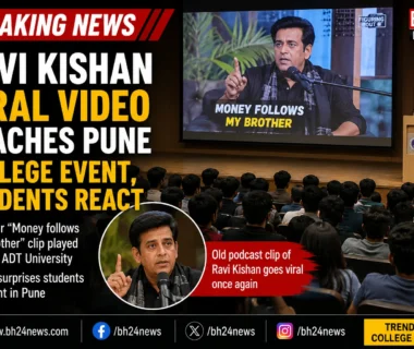 Ravi Kishan viral video played at a Pune college event as students watch his popular clip on a large screen.