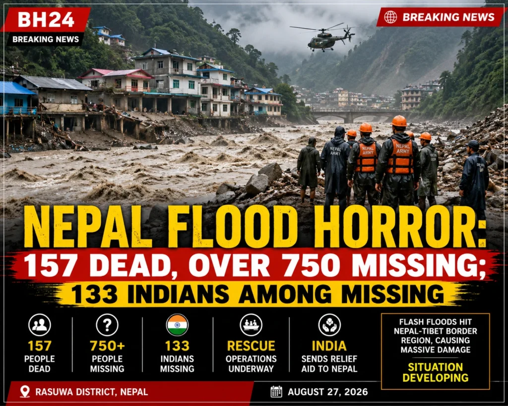 Nepal Flood destruction after massive flash floods near the Tibet border