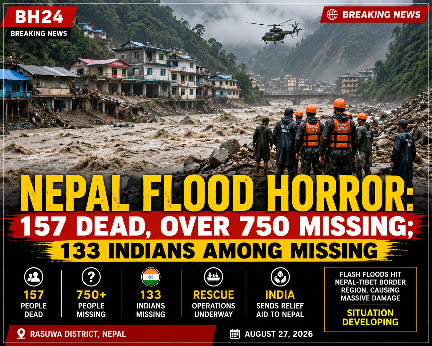 Nepal Flood destruction after massive flash floods near the Tibet border