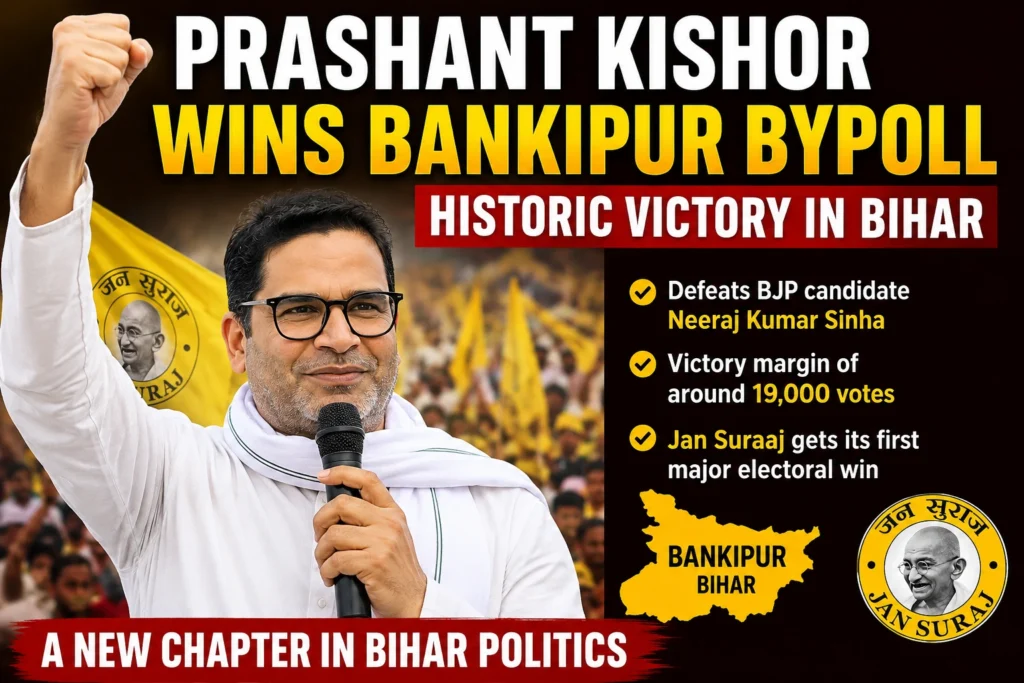 Alt Text: Prashant Kishor celebrates his historic Bankipur Assembly bypoll victory in Bihar after defeating BJP candidate Neeraj Kumar Sinha, marking Jan Suraaj Party's first major electoral success.