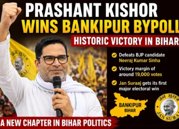 Alt Text: Prashant Kishor celebrates his historic Bankipur Assembly bypoll victory in Bihar after defeating BJP candidate Neeraj Kumar Sinha, marking Jan Suraaj Party's first major electoral success.