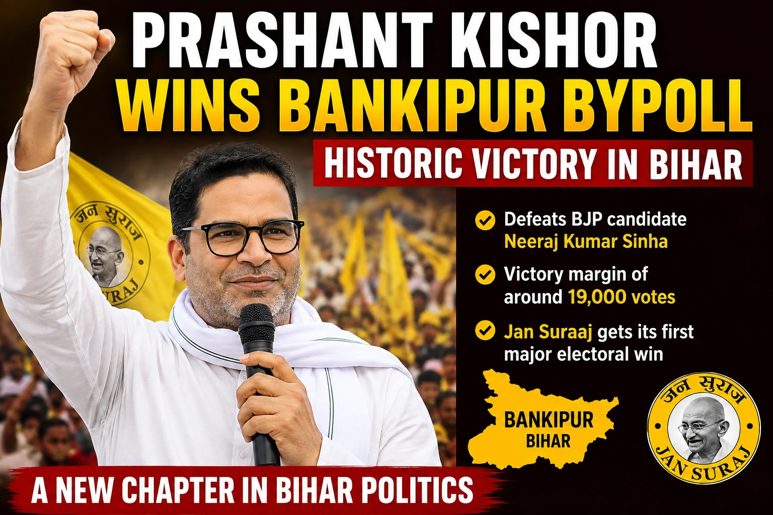 Alt Text: Prashant Kishor celebrates his historic Bankipur Assembly bypoll victory in Bihar after defeating BJP candidate Neeraj Kumar Sinha, marking Jan Suraaj Party's first major electoral success.