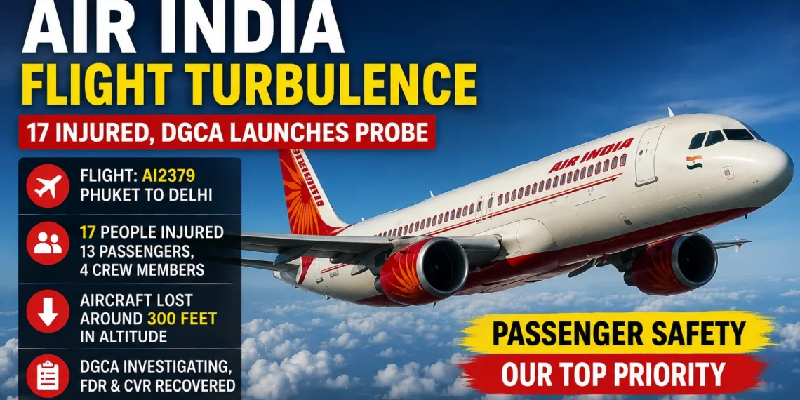 Air India Airbus A320neo flying in the sky with breaking news headline about severe turbulence on the Phuket-Delhi flight, 17 people injured, and DGCA launching an investigation.