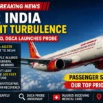 Air India Airbus A320neo flying in the sky with breaking news headline about severe turbulence on the Phuket-Delhi flight, 17 people injured, and DGCA launching an investigation.
