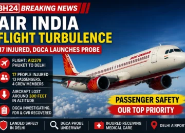 Air India Airbus A320neo flying in the sky with breaking news headline about severe turbulence on the Phuket-Delhi flight, 17 people injured, and DGCA launching an investigation.
