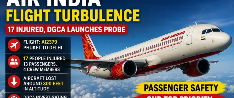 Air India Airbus A320neo flying in the sky with breaking news headline about severe turbulence on the Phuket-Delhi flight, 17 people injured, and DGCA launching an investigation.