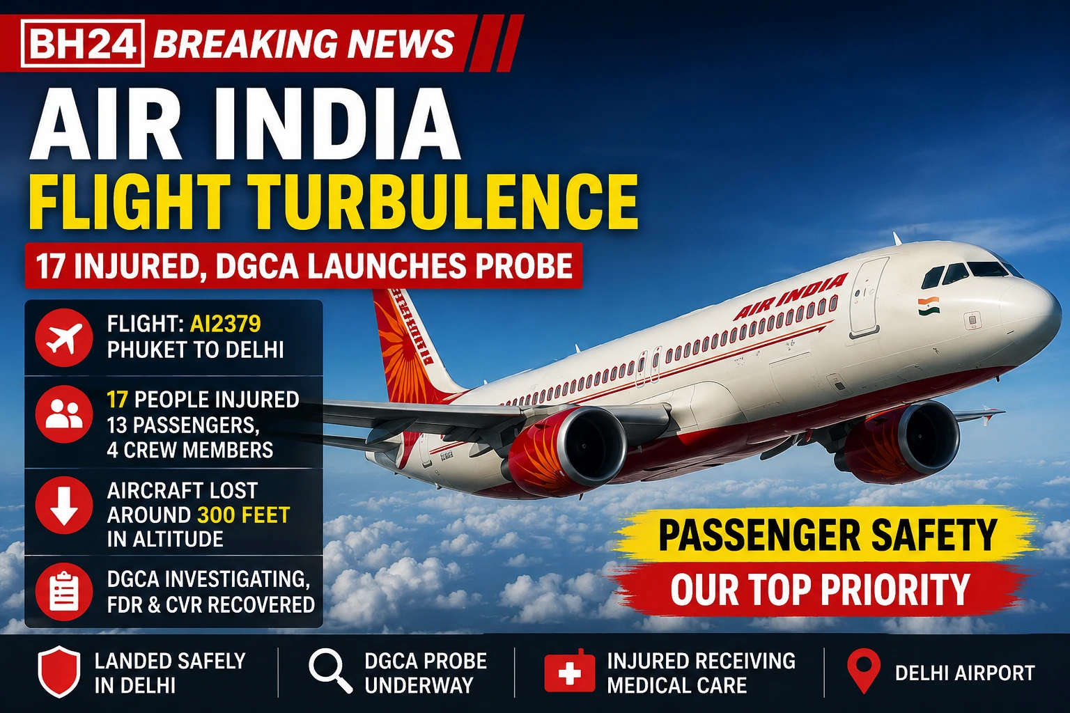 Air India Airbus A320neo flying in the sky with breaking news headline about severe turbulence on the Phuket-Delhi flight, 17 people injured, and DGCA launching an investigation.