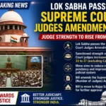 Breaking news graphic showing the Supreme Court of India after the Lok Sabha passed the Supreme Court Judges Amendment Bill, increasing the sanctioned strength of Supreme Court judges from 33 to 37 to help reduce case pendency.