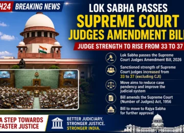 Breaking news graphic showing the Supreme Court of India after the Lok Sabha passed the Supreme Court Judges Amendment Bill, increasing the sanctioned strength of Supreme Court judges from 33 to 37 to help reduce case pendency.